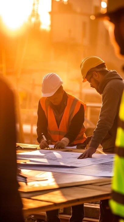 free construction planning session photo construction, workers, sunset download at stockcake